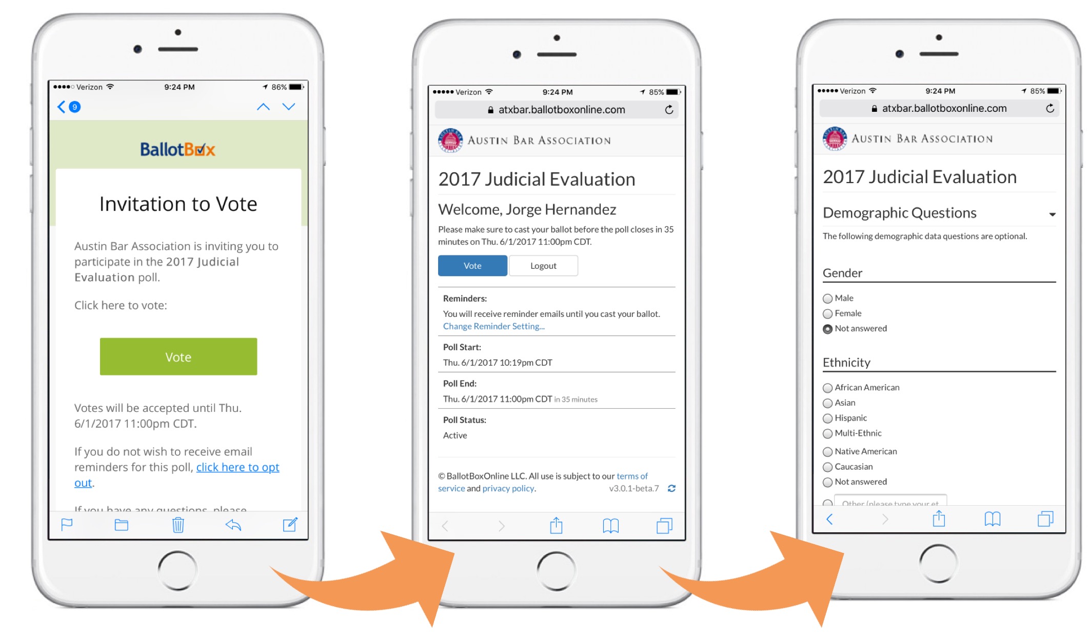 Images of an iPhone showing how the emails and voter interface look